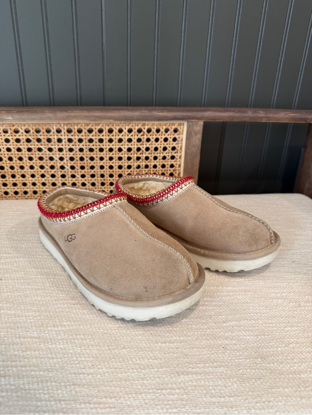 UGG Tan Suede Slip-On Slippers with Red Trim